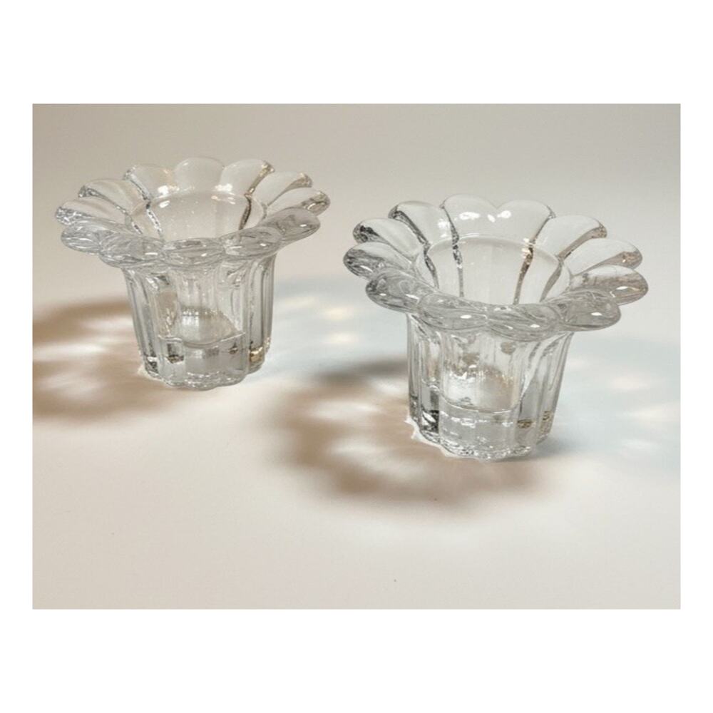 Vintage Borgonovo Italy Clear Glass Lotus Flower Votive Candle Holders Pair